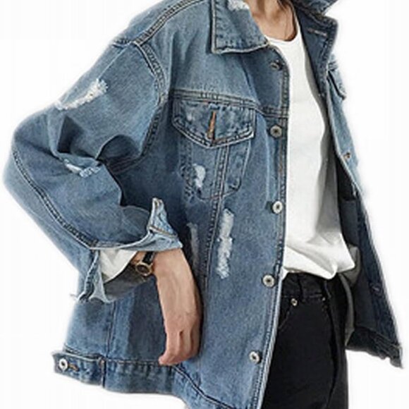 Oversized Denim Jacket for Women Destoryed Long Sleeve Boyfriend Jean Jacket Loo - Picture 3 of 8